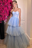 Elegant Tiered Tulle Sweetheart Neckline A-line Long Prom Dresses PSK390
