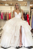Elegant Tulle Ball Gown V Neck Side Split Layered Long Prom Dress PSK392