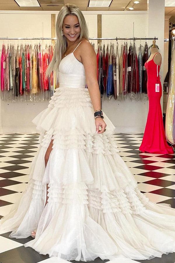 Elegant Tulle Ball Gown V Neck Side Split Layered Long Prom Dress PSK392 - Pgmdress