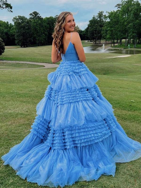 Elegant Tulle Ball Gown V Neck Side Split Layered Long Prom Elegant Tulle Ball Gown V Neck Side Split Layered Long Prom