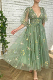 Elegant V Neck Green Tea Length Half Sleeves Prom Dresses Formal Dress PSK362 - Pgmdress