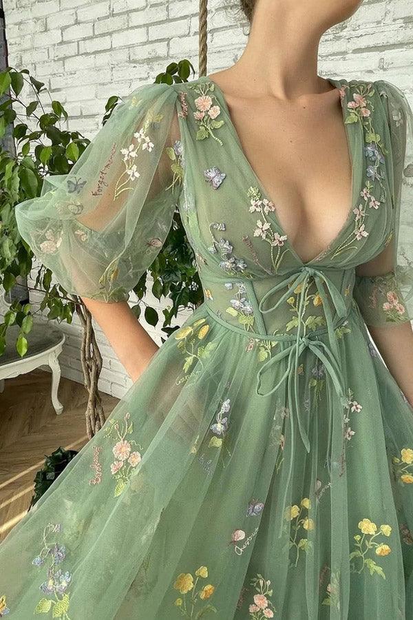 Elegant V Neck Green Tea Length Half Sleeves Prom Dresses Formal Dress PSK362 - Pgmdress