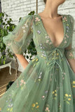 Elegant V Neck Green Tea Length Half Sleeves Prom Dresses Formal Dress PSK362 - Pgmdress