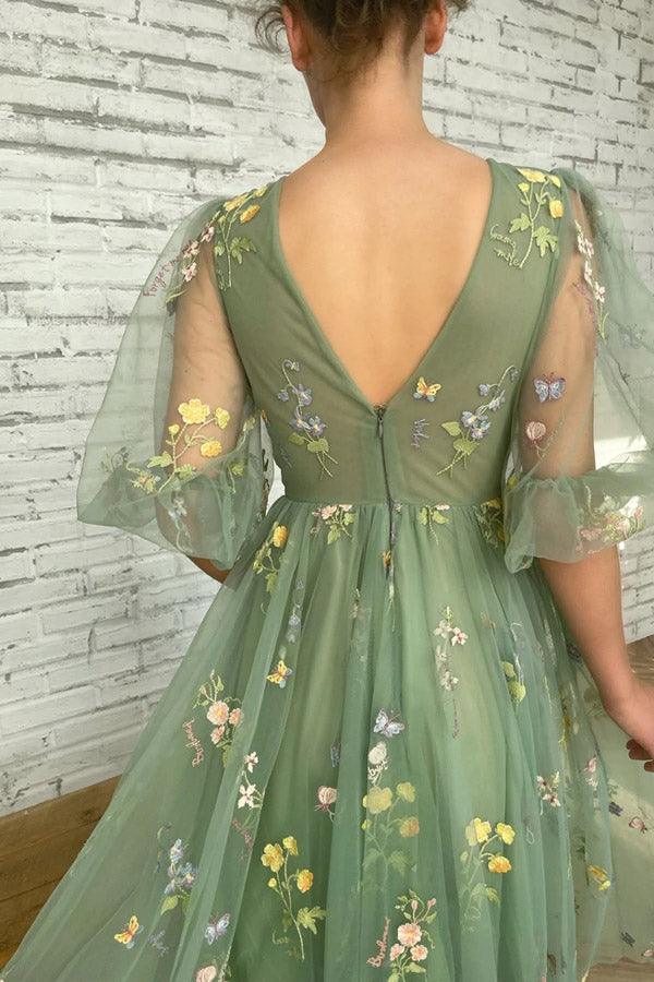 Elegant V-Neck Floral Embroidery Open Back Flower Prom Dresses