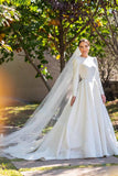Embroidery A Line Ivory Satin Modest Long Sleeves Wedding Dresses WD623