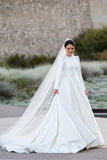 Embroidery A Line Ivory Satin Modest Long Sleeves Wedding Dresses WD623 - Pgmdress