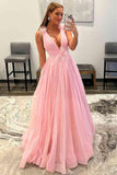Feathers Backless Pink Plunging V-Neck Tulle Long Formal Dress PSK401