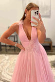 Feathers Backless Pink Plunging V-Neck Tulle Long Formal Dress PSK401 - Pgmdress