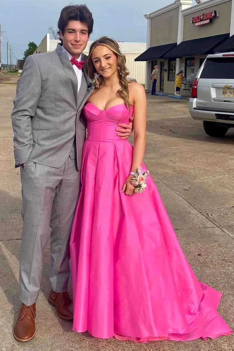 Fuchsia Strapless Satin Sweeping Long Prom Evening Dress With Pockets PSK432 - Pgmdress