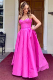 Fuchsia Strapless Satin Sweeping Long Prom Evening Dress With Pockets PSK432 - Pgmdress