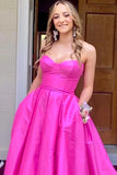 Fuchsia Strapless Satin Sweeping Long Prom Evening Dress With Pockets PSK432 - Pgmdress