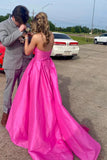 Fuchsia Strapless Satin Sweeping Long Prom Evening Dress With Pockets PSK432 - Pgmdress