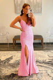 Glitzerndes Meerjungfrau-Abendkleid mit rosa Pailletten und Netzstoff und geteiltem Abschlussball PSK425