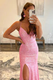 Glitter Mermaid Pink Sequins Mesh Split Prom Evening Dress PSK425 - Pgmdress