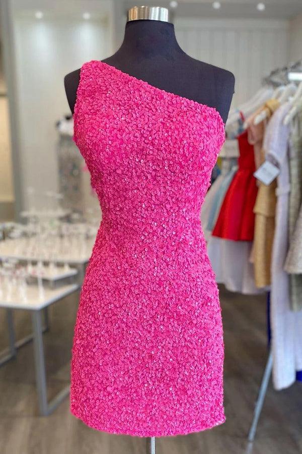 pgmdress Glitter One-Shoulder Hot Pink Homecoming Dress with Sequins PD462 Custom Size / Hot Pink
