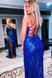 Glitter Royal Blue Sequins Mermaid Long Prom Evening Dress With Slit PSK314 - Pgmdress