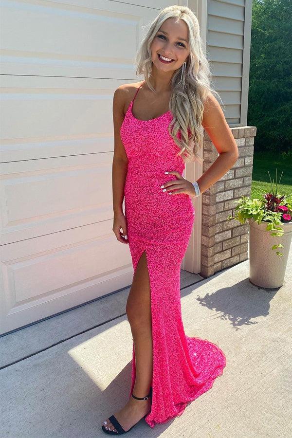 Glitters Hot Pink Mermaid Long Prom Evening Dress with Slit PSK278 - Pgmdress