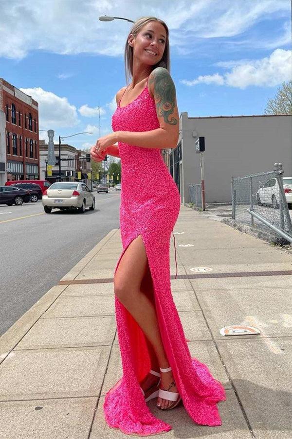 Glitters Hot Pink Mermaid Long Prom Evening Dress with Slit PSK278 - Pgmdress