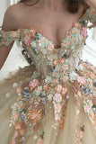 Gorgeous Off Shoulder Champagne Lace Floral Prom Dress Forml Dress PSK289 - Pgmdress