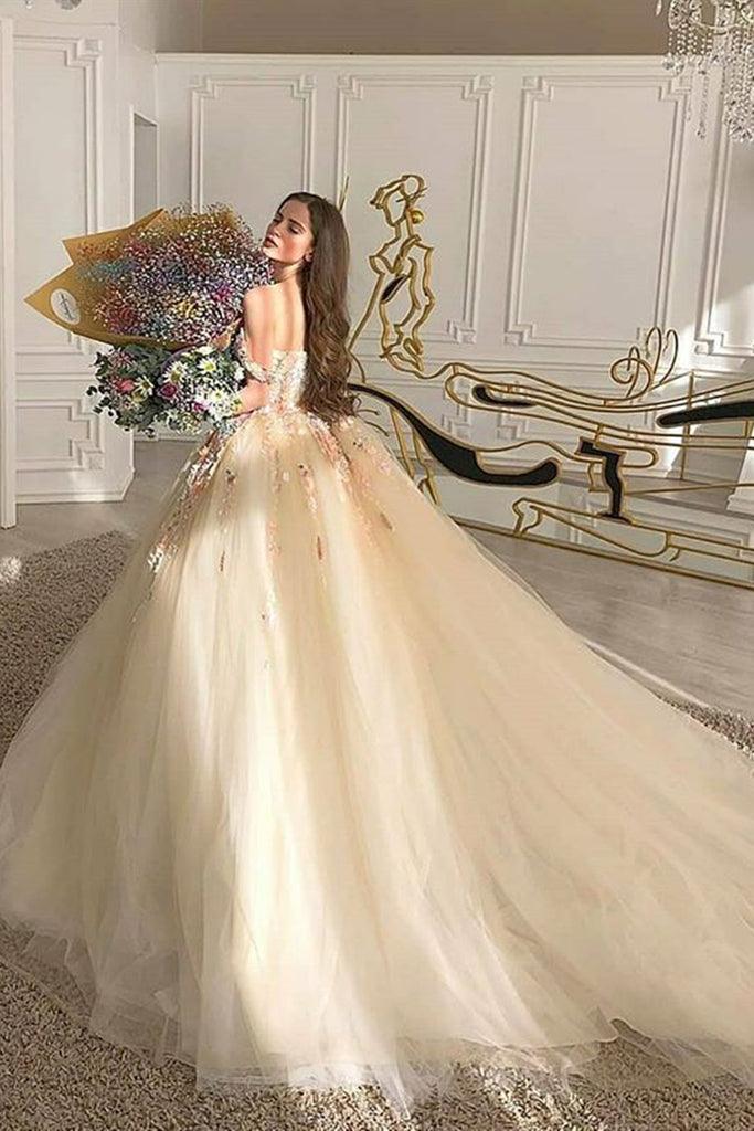 Gorgeous Off Shoulder Champagne Lace Floral Prom Dress Forml Dress