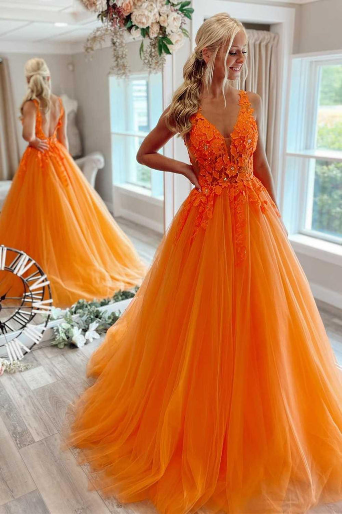 Orange Long Sleeves V-Neck Prom Dress Mermaid | Ballbellas