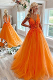 Gorgeous Orange V-Neck Floral Tulle Long Prom Evening Dress PSK360 - Pgmdress