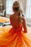 Gorgeous Orange V-Neck Floral Tulle Long Prom Evening Dress PSK360 - Pgmdress
