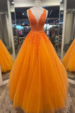 Gorgeous Orange V-Neck Floral Tulle Long Prom Evening Dress PSK360 - Pgmdress