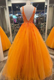 Gorgeous Orange V-Neck Floral Tulle Long Prom Evening Dress PSK360 - Pgmdress