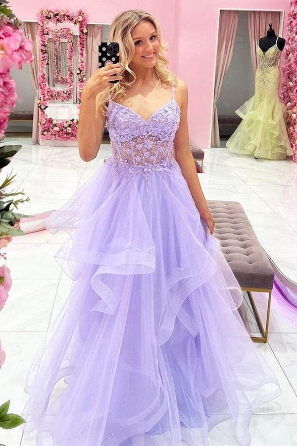 Gorgeous V Neck Beaded Purple Lace Floral Long Prom Dresses PSK354 - Pgmdress