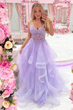 Gorgeous V Neck Beaded Purple Lace Floral Long Prom Dresses PSK354 - Pgmdress