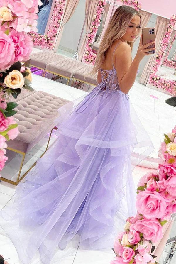 Gorgeous V Neck Beaded Purple Lace Floral Long Prom Dresses PSK354 - Pgmdress