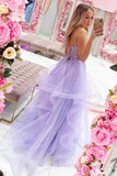 Gorgeous V Neck Beaded Purple Lace Floral Long Prom Dresses PSK354 - Pgmdress