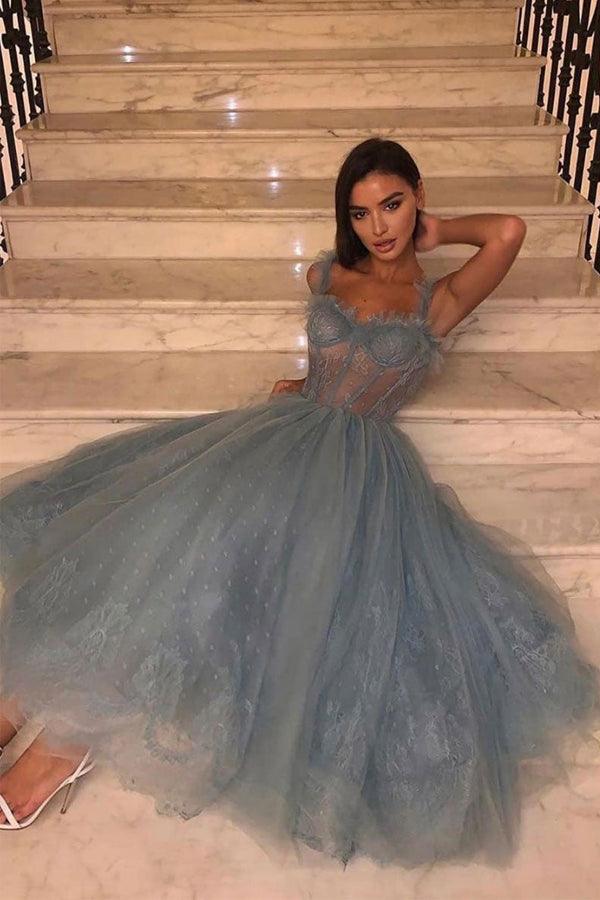 Gray Blue Tulle Lace Tea Length Prom Dress Tulle Lace Homecoming Dress PD444 - Pgmdress