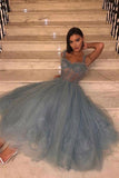 Gray Blue Tulle Lace Tea Length Prom Dress Tulle Lace Homecoming Dress PD444