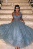 Gray Blue Tulle Lace Tea Length Prom Dress Tulle Lace Homecoming Dress PD444 - Pgmdress