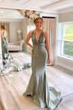 Gray Green Satin Mermaid Bridesmaid Dresses With Sweep Train BD089 - Pgmdress