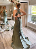 Gray Green Satin Mermaid Bridesmaid Dresses With Sweep Train BD089 - Pgmdress
