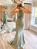 Gray Green Satin Mermaid Bridesmaid Dresses With Sweep Train BD089 - Pgmdress