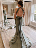 Gray Green Satin Mermaid Bridesmaid Dresses With Sweep Train BD089 - Pgmdress