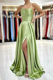 Green Satin Simple A Line Backless Long Prom Dresses with Leg Slit PSK381 - Pgmdress