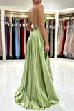 Green Satin Simple A Line Backless Long Prom Dresses with Leg Slit PSK381 - Pgmdress