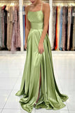 Green Satin Simple A Line Backless Long Prom Dresses with Leg Slit  PSK381