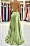 Green Satin Simple A Line Backless Long Prom Dresses with Leg Slit PSK381 - Pgmdress