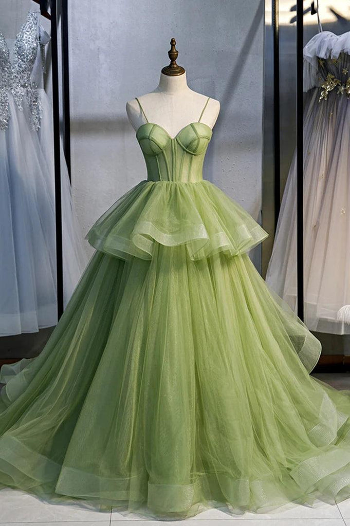 Green Tulle Long Prom Dresses A-Line Evening Dresses with Train PSK418 - Pgmdress