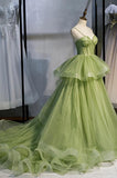 Green Tulle Long Prom Dresses A-Line Evening Dresses with Train PSK418 - Pgmdress