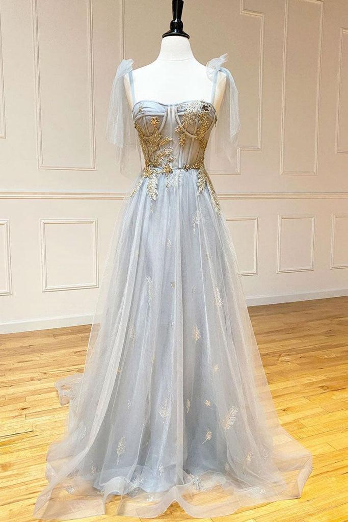 Grey Tulle Appliques Long Prom dress Formal Dress With Lace Up PSK301 - Pgmdress