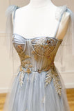 Grey Tulle Appliques Long Prom dress Formal Dress With Lace Up PSK301 - Pgmdress