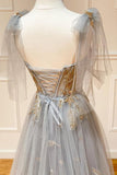 Grey Tulle Appliques Long Prom dress Formal Dress With Lace Up PSK301 - Pgmdress