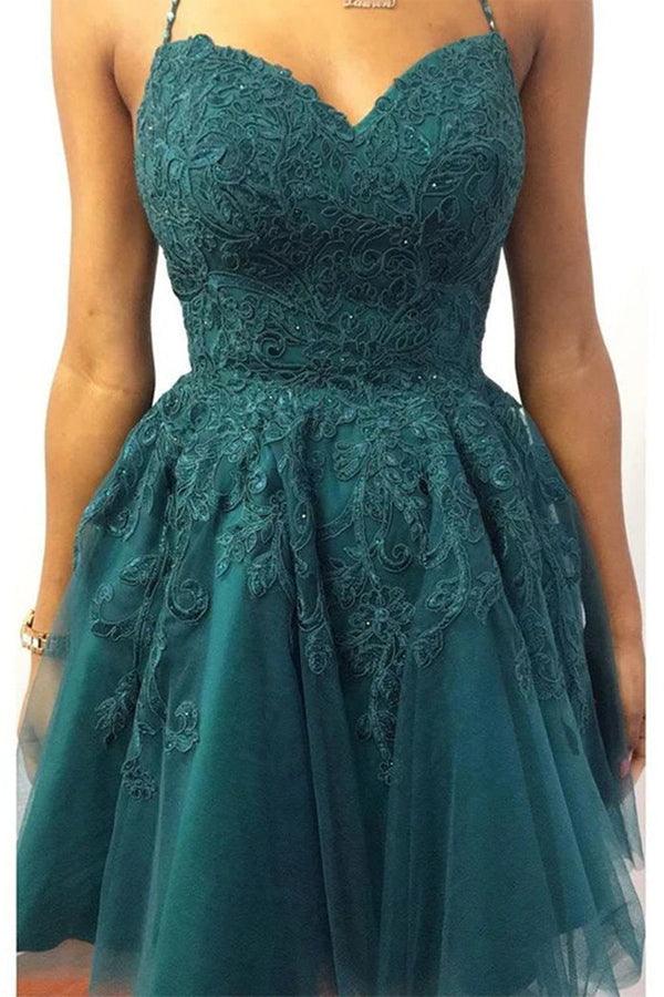 Halter Neck Short Emerald Green Lace Prom Dresses Homecoming Dresses PD448 - Pgmdress